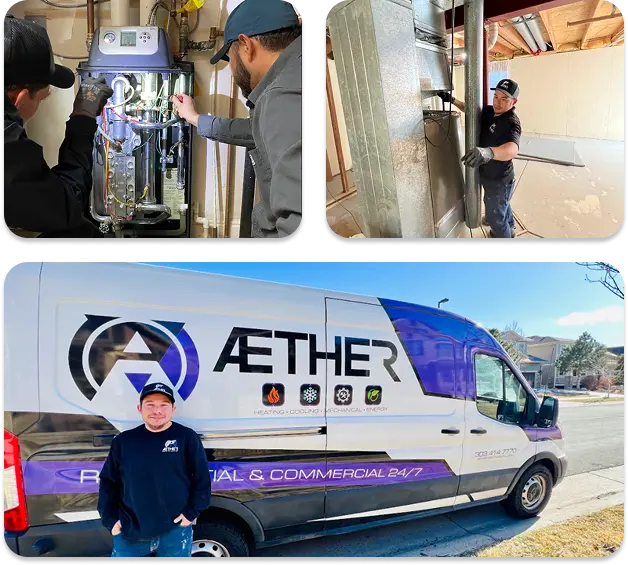 Aether mechanical workers installing, maintaining and transporting themselves in the truck with the company logo