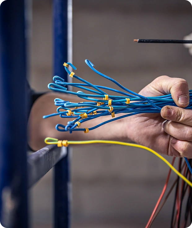 Hand holding a bundle of blue electrical wires